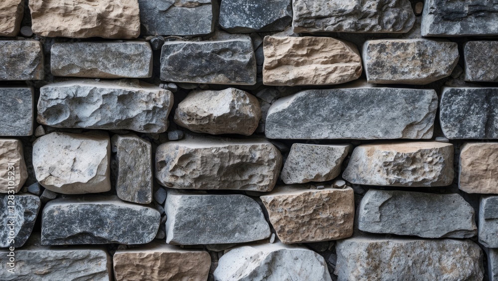 Poster textured stone wall with various sizes of gray and beige rocks arranged in a pattern for a rustic ar