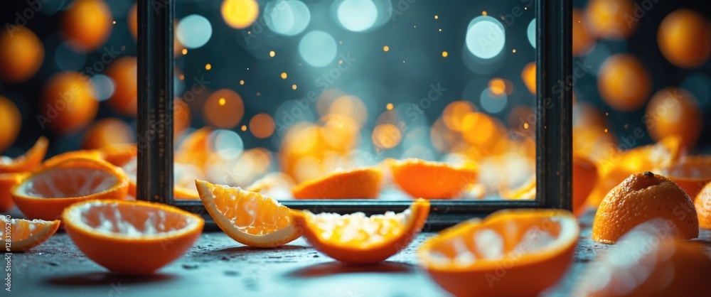 Poster abstract close-up of orange peel and slices framed by a dark border with blurred background and boke