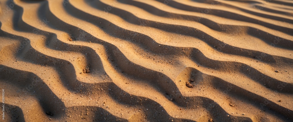 Poster patterns of rippled sand dunes illuminated by sunlight creating textures and shapes in a sandy deser