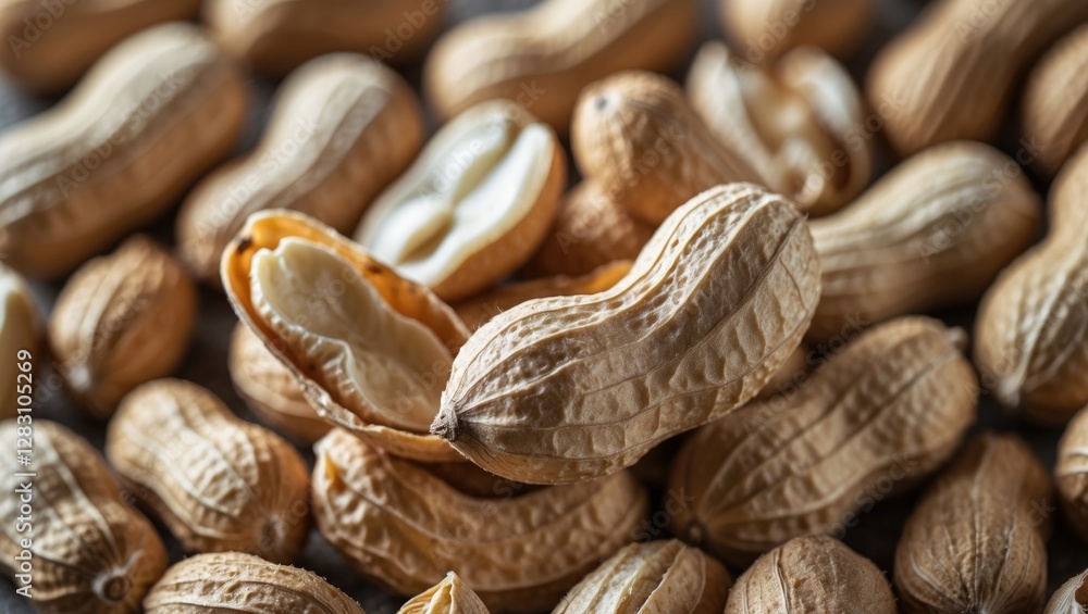 Poster peanuts in various stages of shelling against a blurred background showcasing natural textures and e