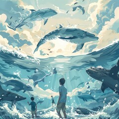 Whimsical Ocean Scene Boys Gaze at Leaping Whales and Dolphins in a Dreamlike Seascape