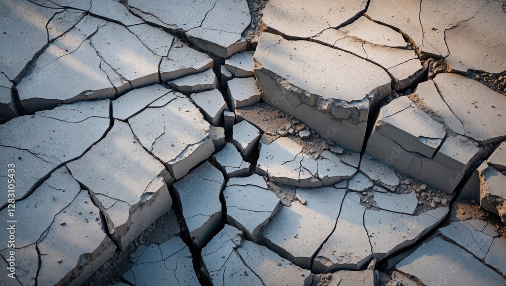 Poster cracked and dry earth surface with angular fissures showcasing drought and soil erosion effects in n
