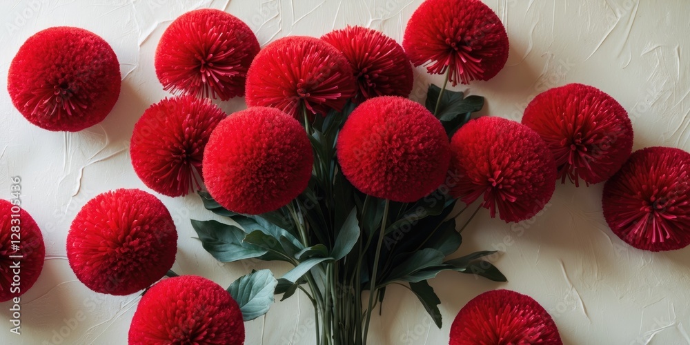 Poster vibrant deep red pompom flowers with lush green leaves creating a beautiful display and ample space 