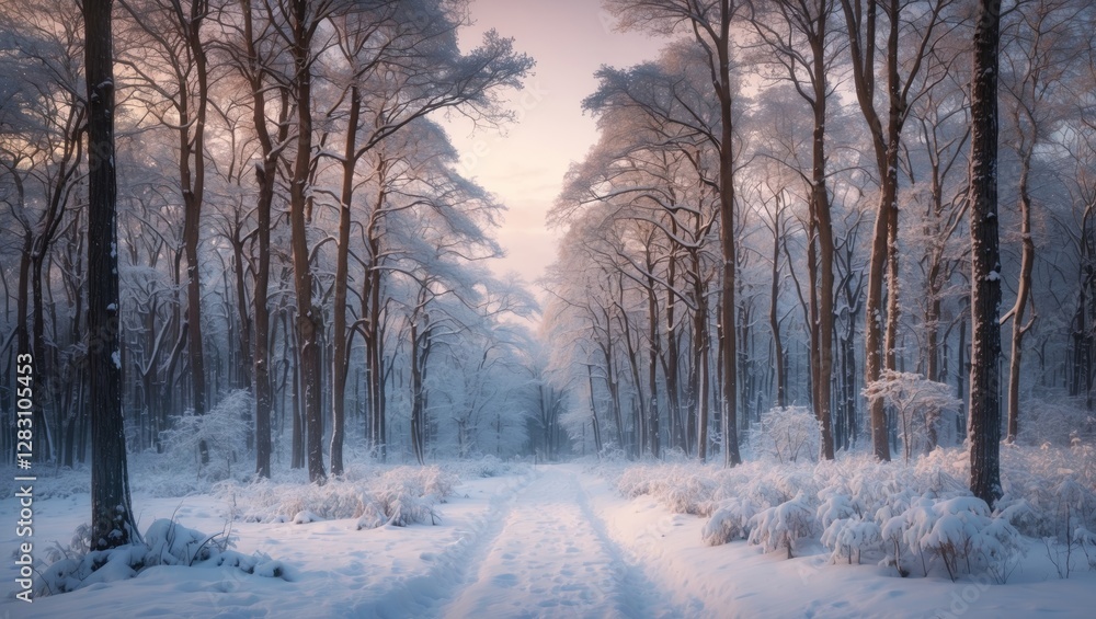 Poster winter landscape with snow-covered path through frost-covered trees during dawn light in a serene fo