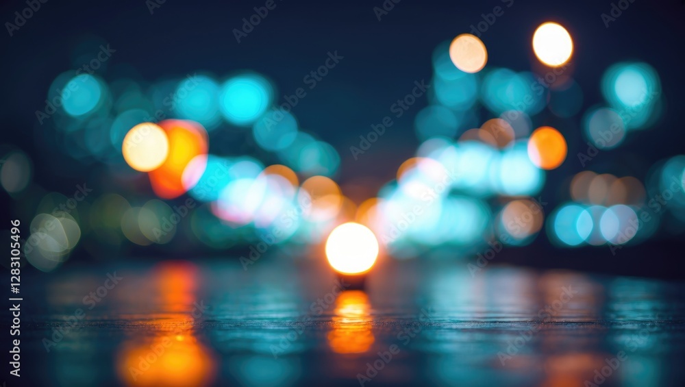 Poster blurred city lights background with bright bokeh effect and reflections on wet surface at night time