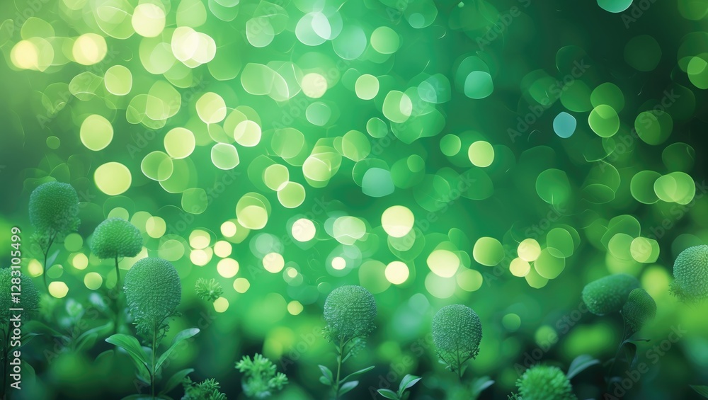 Poster green abstract background with blurred bokeh effect and soft focus on plants and foliage. vibrant na