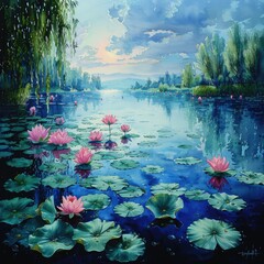 Serene Water Lily Pond Landscape Pink Flowers Willow Trees Calm Water Sunset Sky
