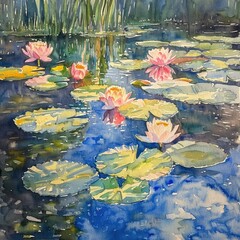 Serene Water Lily Pond Vibrant Pink and White Water Lilies Floating on Calm Water