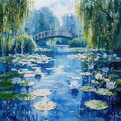 Serene Water Lily Pond with Bridge Lush Greenery and Tranquil Reflections