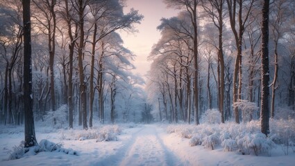 Obraz premium Winter landscape with snow-covered path through frost-covered trees during dawn light in a serene forest setting