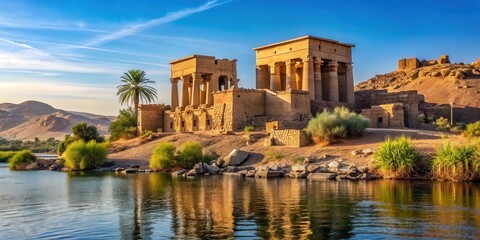 Fototapeta premium Ancient Egyptian temple ruins on the Nile River in Aswan, Egypt, desert landscape
