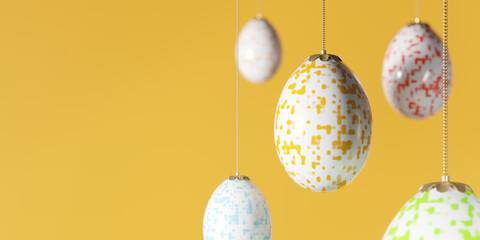 Easter eggs keychain on yellow background. 3d rendering