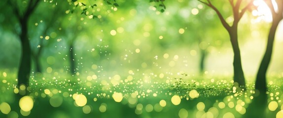 Green forest landscape with soft sunlight filtering through trees and bokeh effect on grass creating a tranquil nature scene