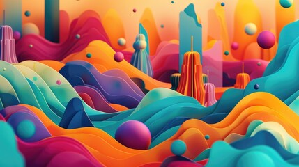 Vibrant Abstract 3D Render Colorful Waves Spheres and Geometric Structures