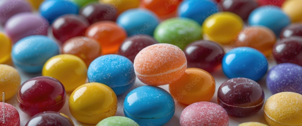 Poster assorted vibrant candies in various shapes and colors scattered closely together on a white backgrou