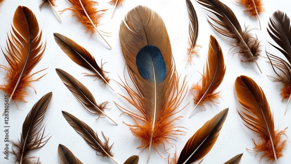 Poster collection of various brown and orange feathers arranged on a white surface showcasing differing sha