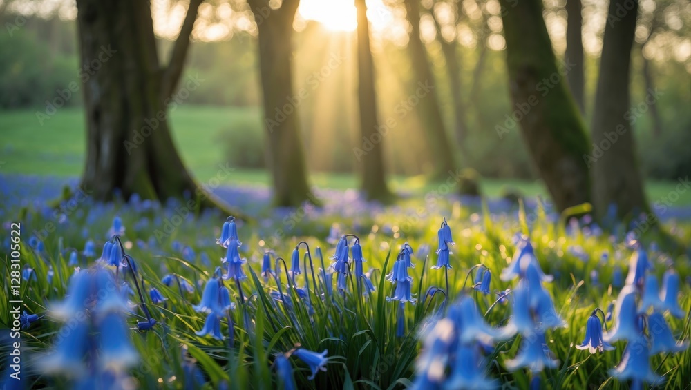 Poster bluebell flowers in a sunny woodland setting with light rays filtering through trees during spring s