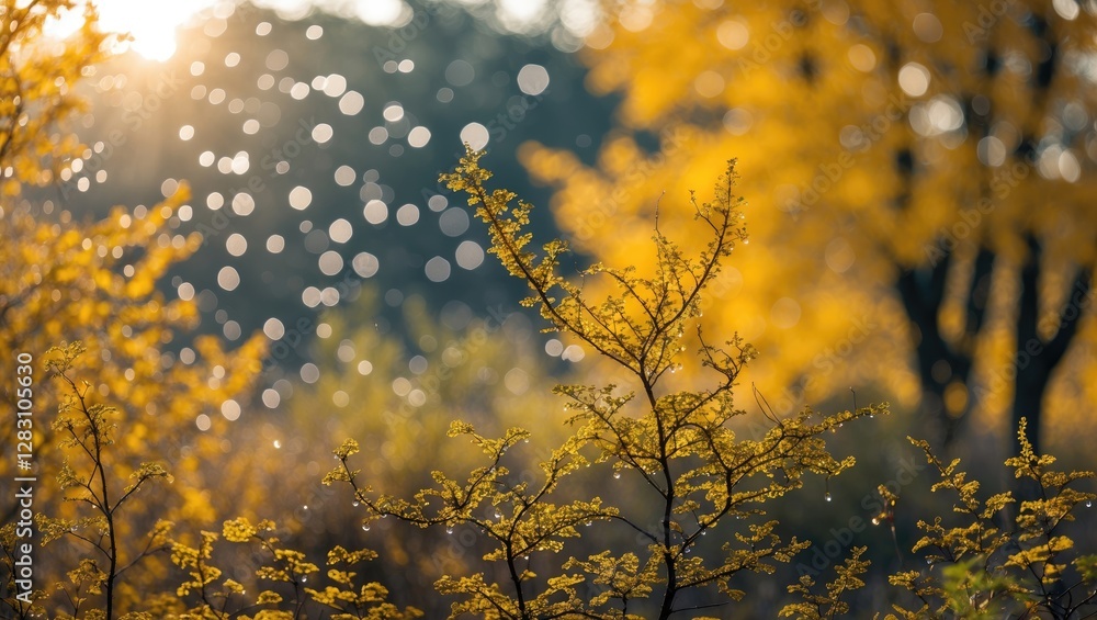 Poster morning dew on autumn foliage with soft bokeh effect creating a warm and colorful natural backdrop i