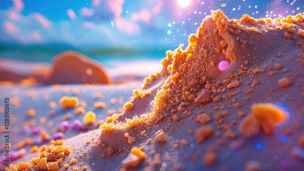 Poster close-up view of colorful sand grains on a beach with soft sunlight and bokeh effect in the backgrou