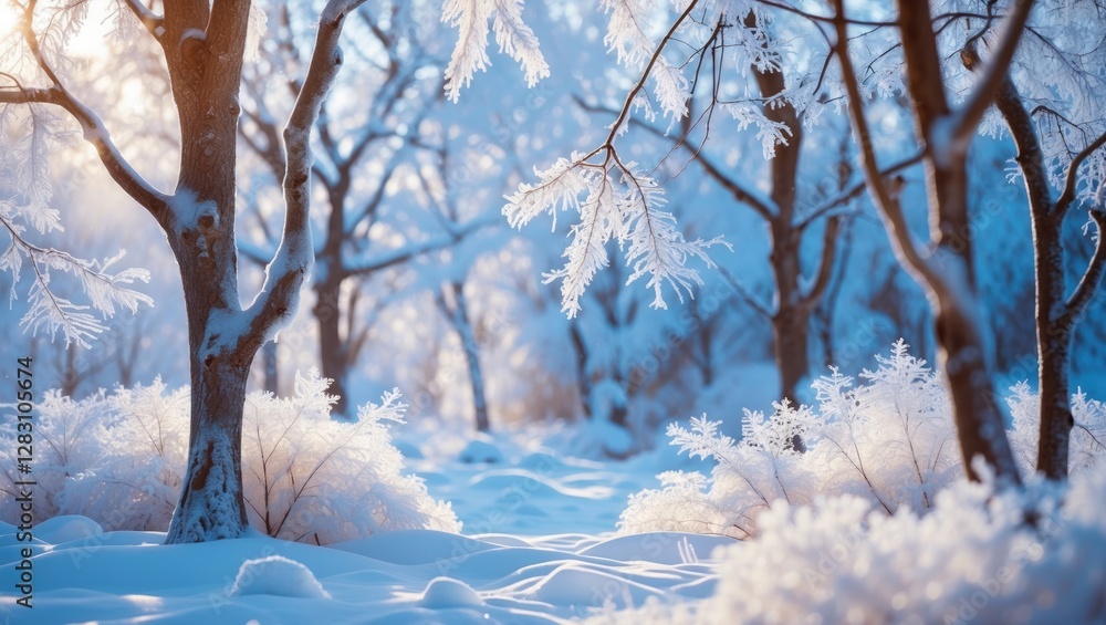 Poster winter landscape with snow-covered trees and frost-laden branches in tranquil forest setting during 