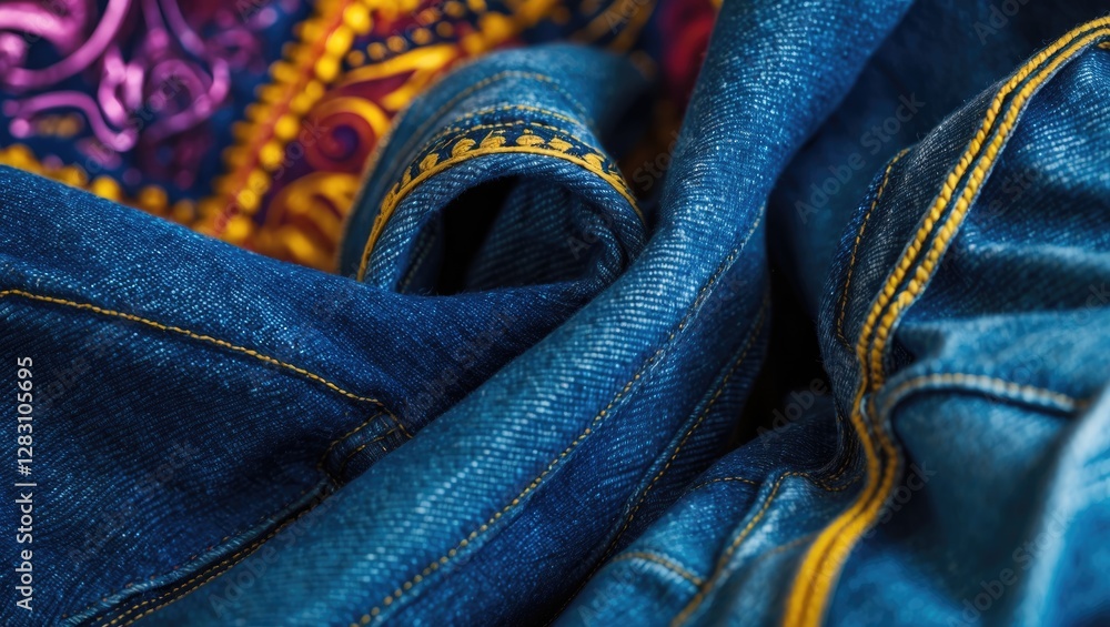Aufkleber denim fabric texture with detailed stitching against a colorful patterned background showcasing text