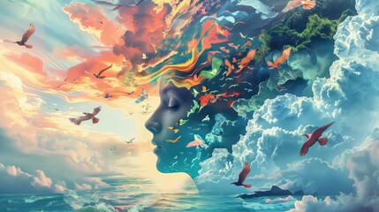 Serene Woman s Face Emerging from Vibrant Sky Birds Clouds Ocean Dreamscape