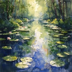 Serene Water Lily Pond Landscape Sunlit Water Lush Greenery Tranquil Scene