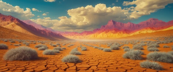 Vast arid landscape under dramatic skies showcasing cracked earth and sparse vegetation highlighting effects of extreme drought conditions