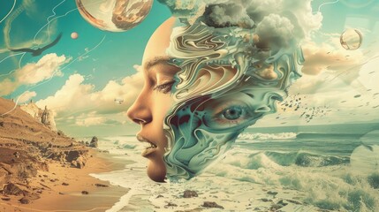 Surreal Seascape Dream Abstract Woman Face Ocean Waves and Fantasy Elements