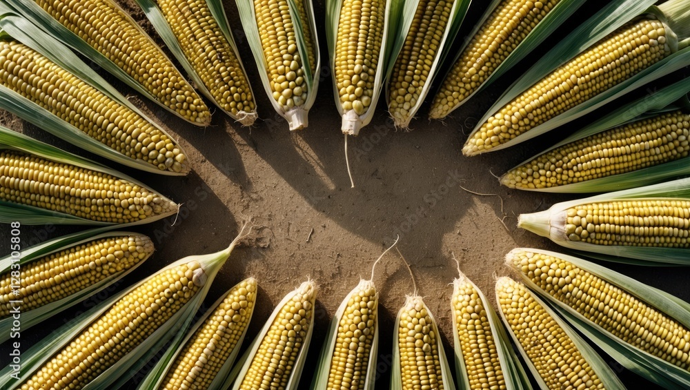 Aufkleber aerial view of fresh corn ears arranged in a circular pattern with space for text on a sandy backgro