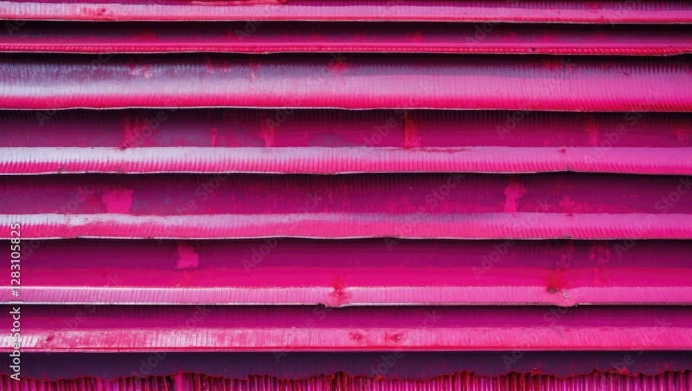 Poster bright pink textured corrugated metal surface with horizontal lines and patterns representing indust