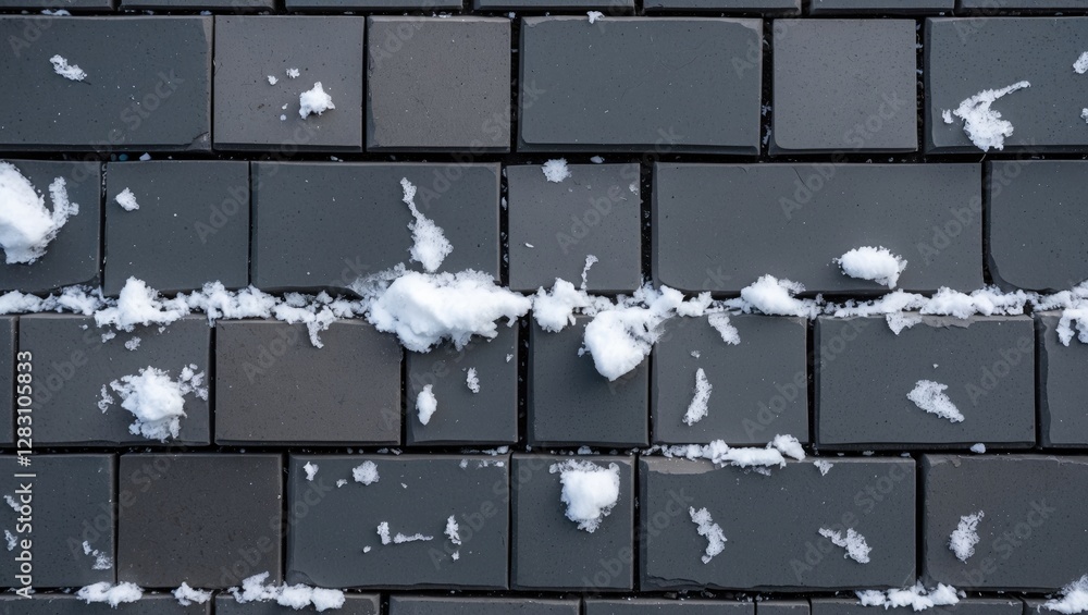 Poster snow-covered dark gray paving slabs in close-up view showcasing textured surface and snow stripes be