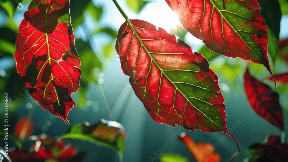Poster illuminated red and green leaf showcasing intricate veins and structure with sunlight filtering thro