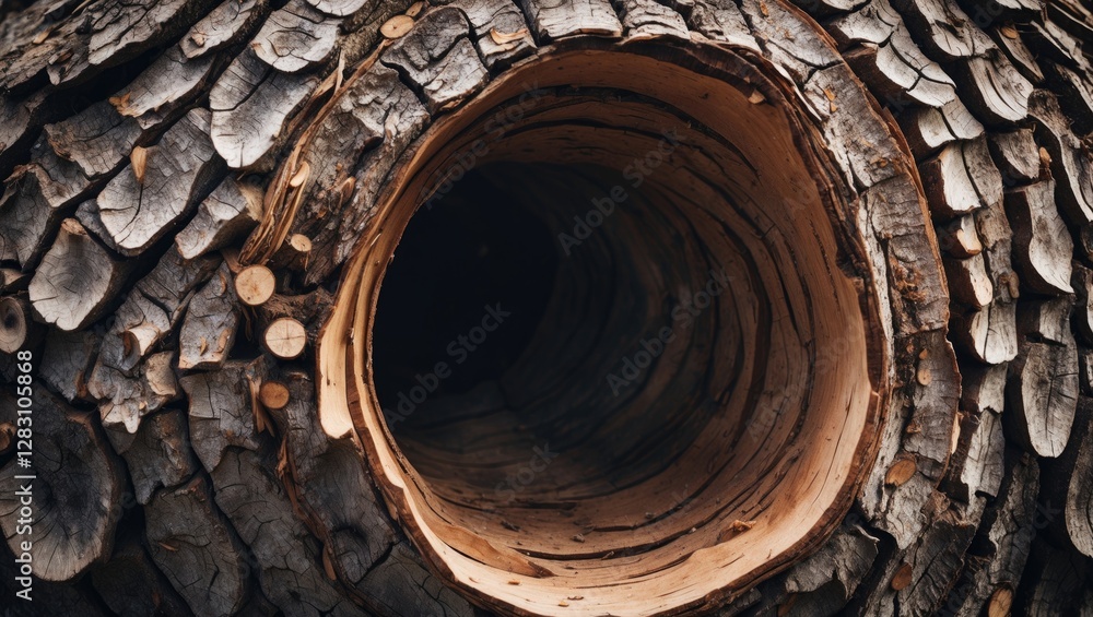 Poster close-up view of hollow tree trunk with bark details and circular opening showcasing wood texture an