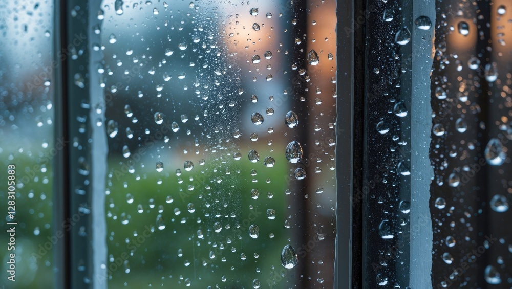 Poster condensed water droplets on a window pane creating a moody ambiance with blurred greenery in the bac