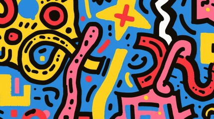 Vibrant Abstract Art Print Bold Colors Geometric Shapes Doodle Style Modern Wall Art Design