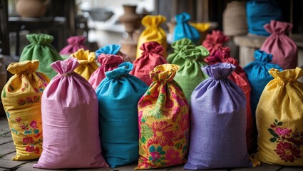 Colorful fabric bags arranged in a market setting with floral designs and various vibrant hues on a wooden surface.