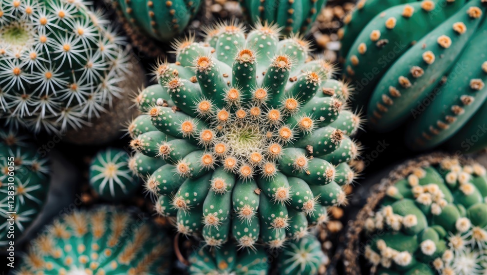 Aufkleber close-up view of various cacti showing diverse shapes and textures in a garden setting with vibrant 