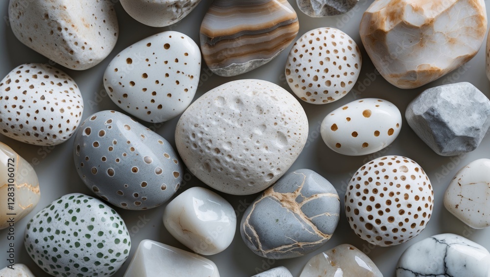 Poster assorted pebbles with unique patterns and colors arranged artistically on a surface showcasing natur