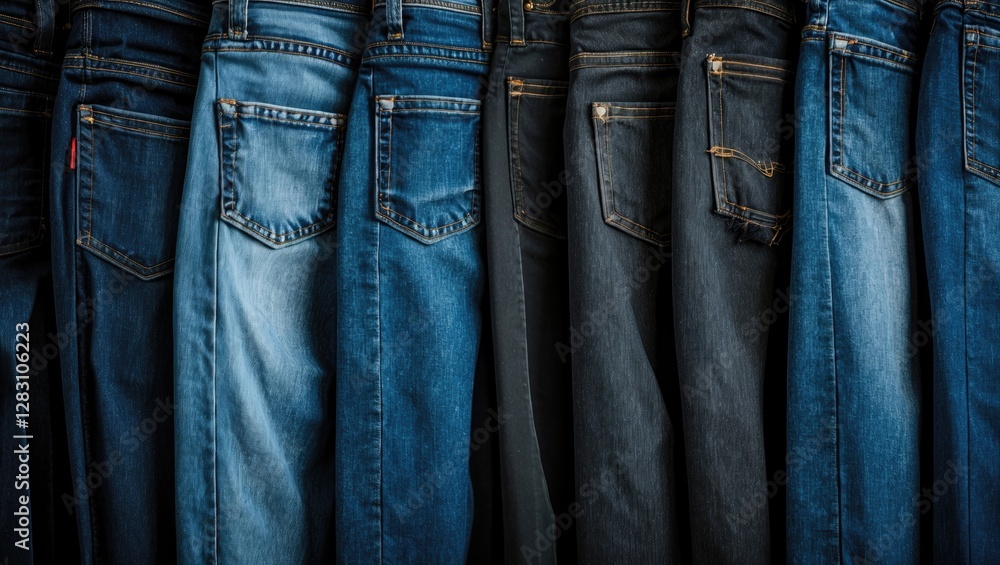 Poster variety of denim jeans displayed in a row showcasing different washes and styles on a black backgrou