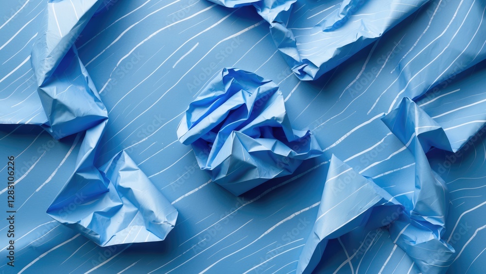 Poster crumpled blue paper background with white lines creating an abstract texture ideal for creative desi