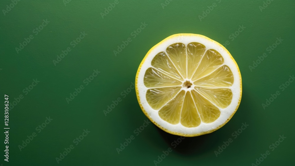 Poster sliced lemon half on green background with visible seeds and texture of pulp in well-lit environment