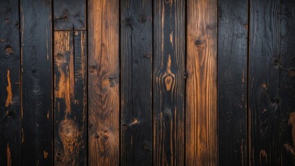 Fototapeta premium Dark rustic wooden planks with variations in texture and color from deep black to warm brown tones arranged in a vertical pattern