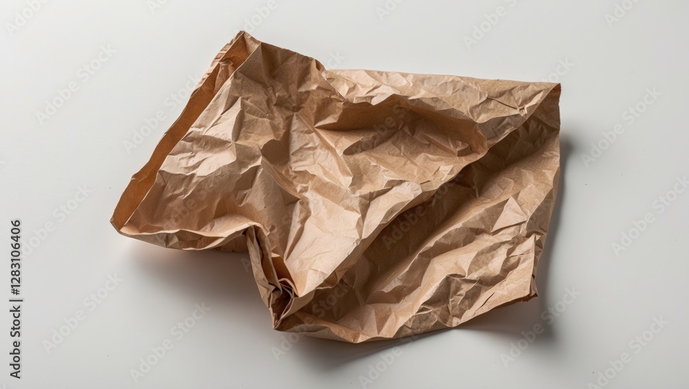 Poster crumpled brown paper sheet on a plain white background creating a textured abstract composition