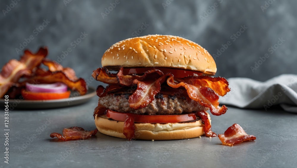 Poster savory bacon burger stacked high with crispy bacon on a gray table surrounded by ingredients and cop