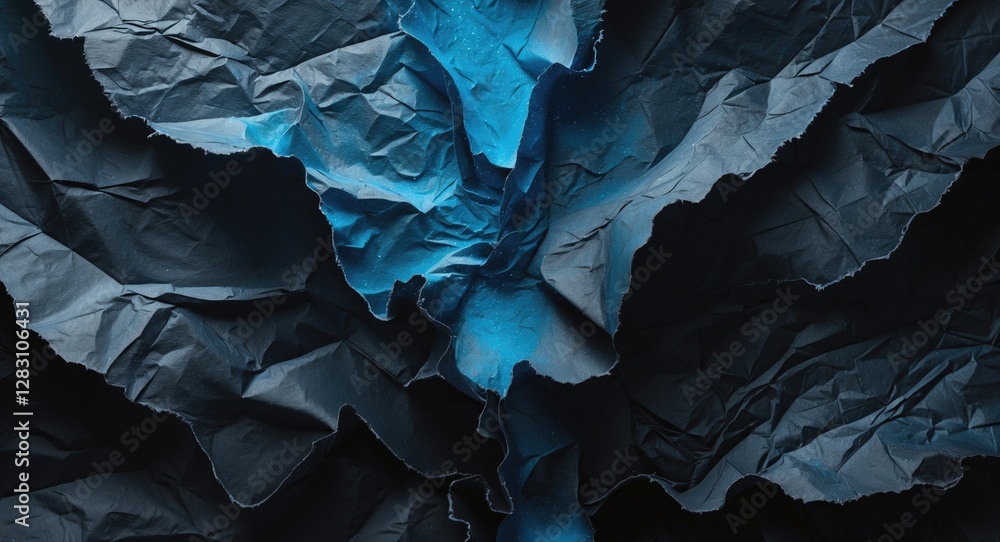 Poster crumpled black paper with blue highlights creating a textured abstract background pattern