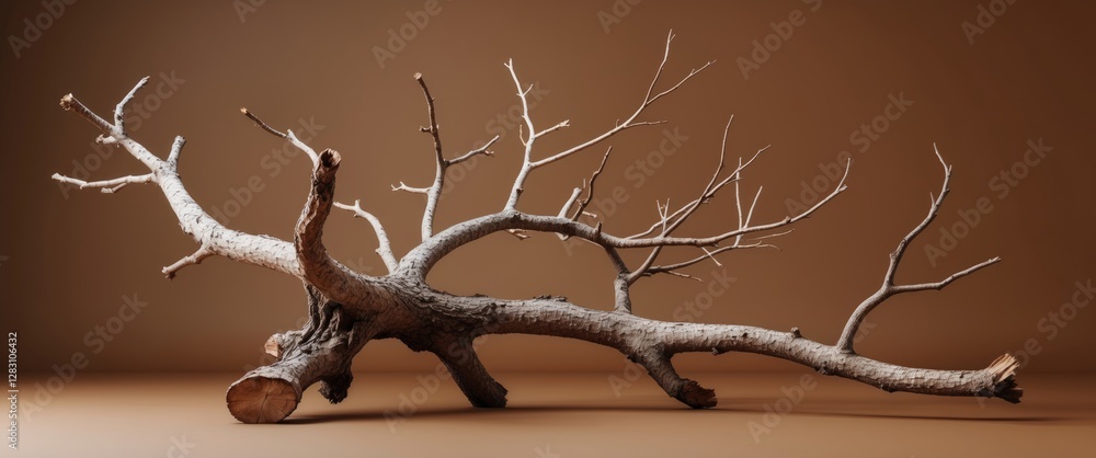 Poster unusual dry tree branch with intricate shapes resting on a textured brown background showcasing natu
