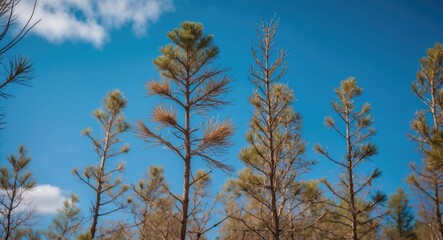 Fototapeta premium Dry Pine Trees Silhouetted Against Vibrant Blue Sky with Fluffy Clouds in a Serene Natural Landscape