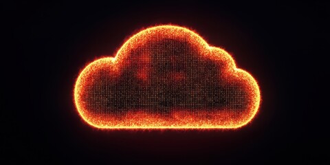 Cloud Icon Glowing: A captivating cloud icon radiates with an intense fiery glow, set against a deep black backdrop, symbolizing innovation and technological advancement.