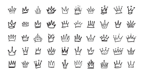 Hand drawn Crown vector set. Doodle collection. Drawing crowns. Royal head, Queen crown, King crown, various design. © Yanka